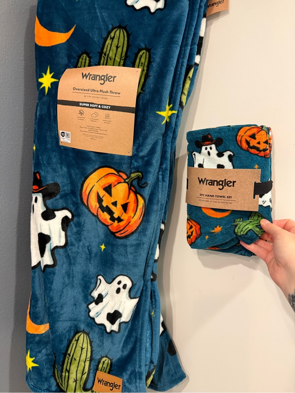 Wrangler Teal Halloween Plush Throw And Handtowels with Pumpkins, Ghosts & Cacti